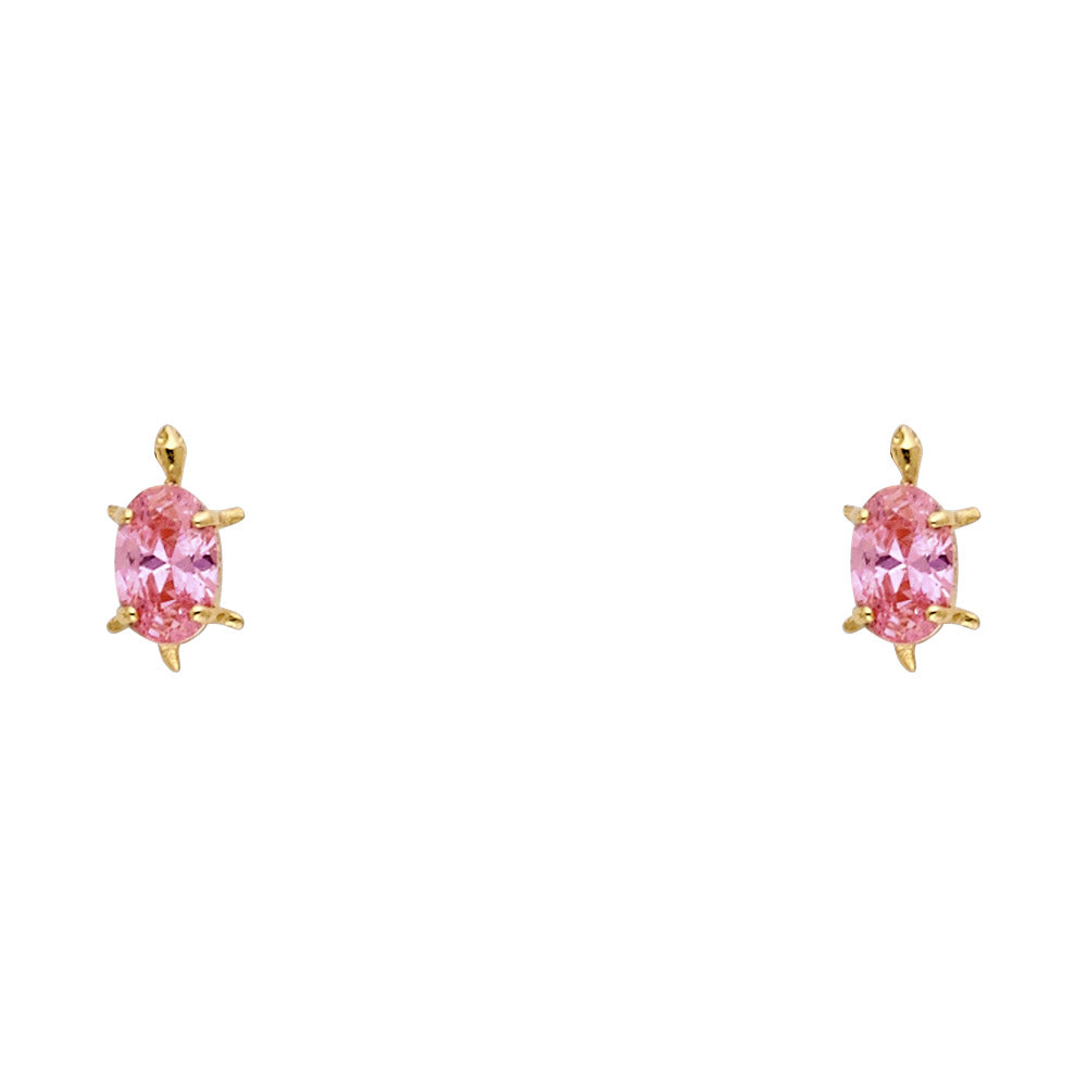 14K Yellow Gold CZ Turtle Lucky Charm Stud Screw Back Earrings