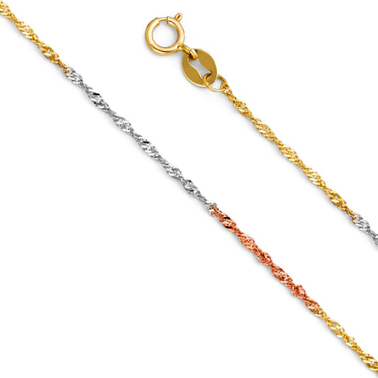 14K Tri Color Gold 1.2mm Singapore Chain Necklace with Spring Ring Clasp