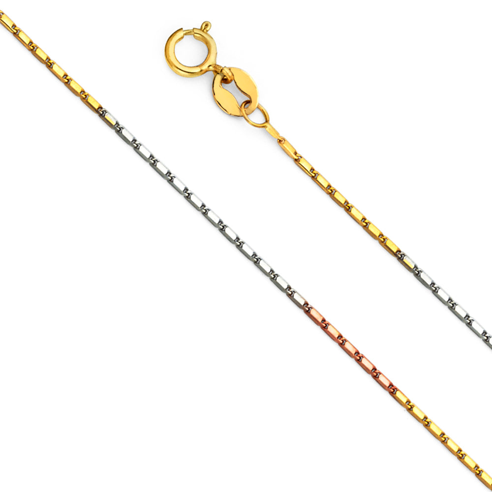 14K Tri Color Gold 1mm Snail Chain Necklace with Spring Ring Clasp