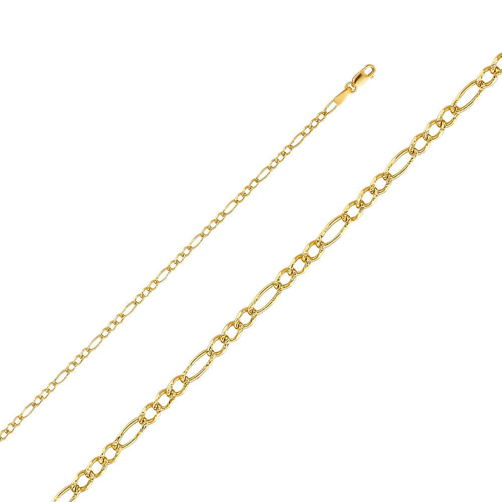 14K Yellow Gold 2.7mm Figaro 3+1 Yellow Pave Chain Necklace with Lobster Clasp