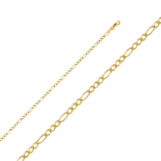 14K Yellow Gold 2.7mm Figaro 3+1 Yellow Pave Chain Necklace with Lobster Clasp