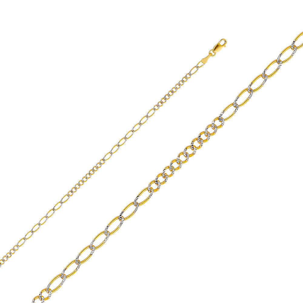 14K Yellow Gold 2.6mm Figaro 10+7 White Pave Chain Necklace with Lobster Clasp