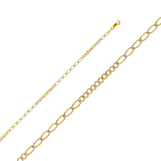 14K Yellow Gold 2.6mm Figaro 10+7 White Pave Chain Necklace with Lobster Clasp
