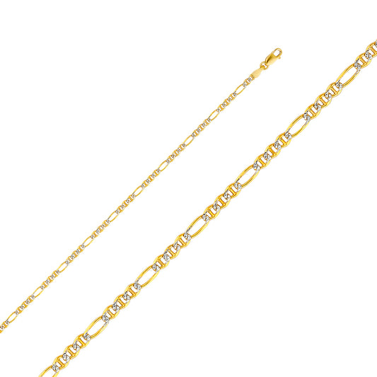 14K Yellow Gold 2.5mm Ficonucci 3+1 White Pave Chain Necklace with Lobster Clasp
