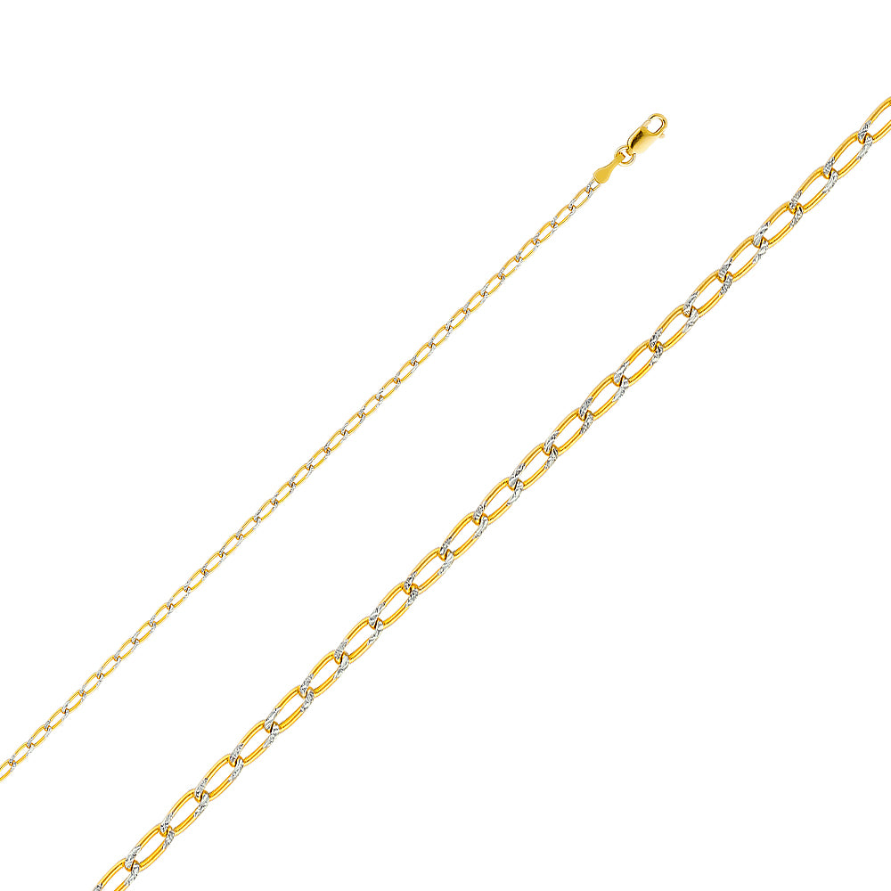14K Yellow Gold 2.2mm Open Figaro 1/1 White Pave Chain Necklace with Lobster Clasp