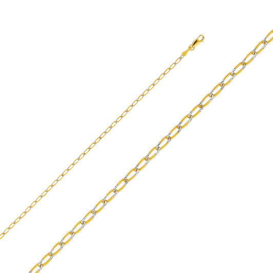 14K Yellow Gold 2.2mm Open Figaro 1/1 White Pave Chain Necklace with Lobster Clasp