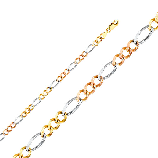 14K Tri Color Gold 5.5mm Figaro 3+1 Concave Chain Necklace with Lobster Clasp