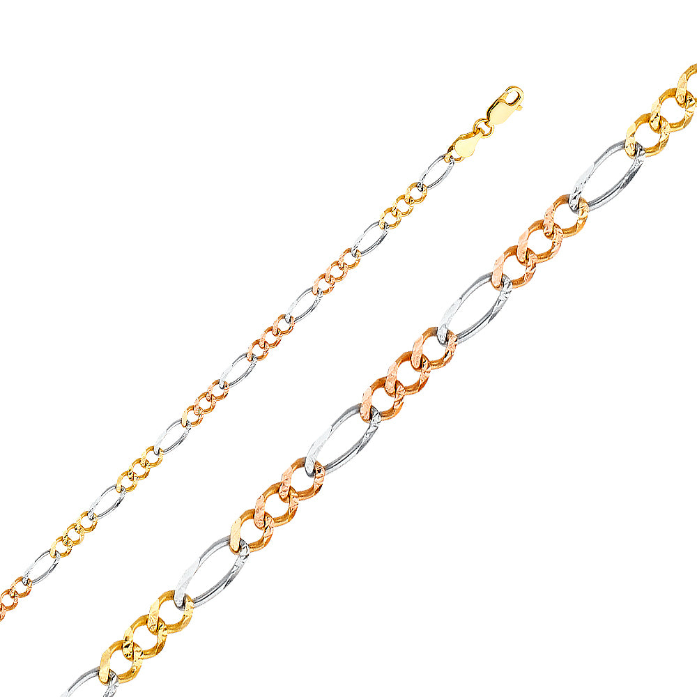 14K Tri Color Gold 4.6mm Figaro 3+1 Concave Chain Necklace with Lobster Clasp