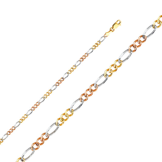 14K Tri Color Gold 3.7mm Figaro 3+1 Concave Chain Necklace with Lobster Clasp
