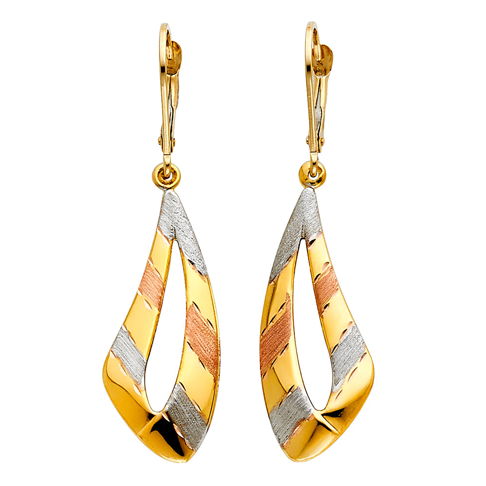 14K Tri-color Gold Fancy Dangle Hanging Lever Back Earrings