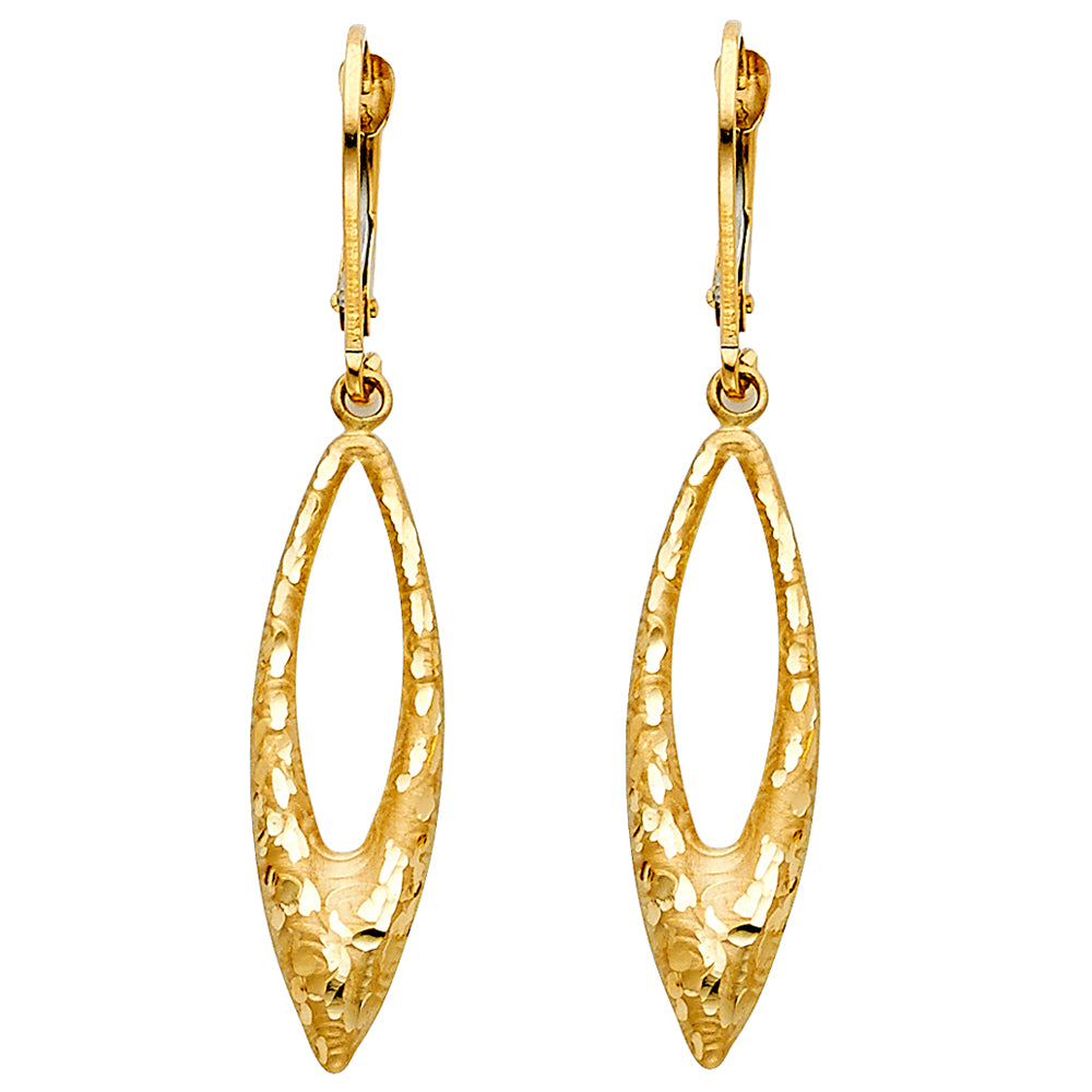 14K Two Tone Gold Faceted Open Marquis Teardrop Hanging Lever Back Earrings