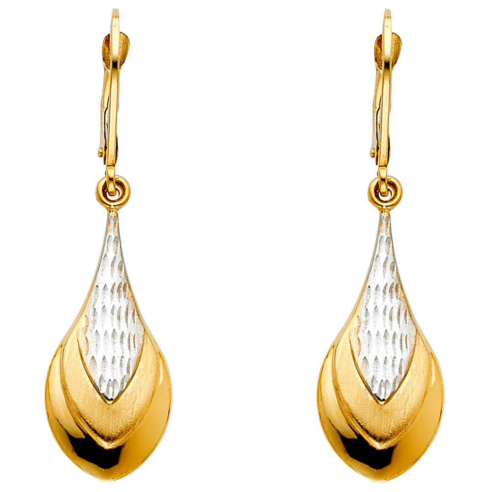 14K Two Tone Gold Teardrop Hanging Lever Back Earrings