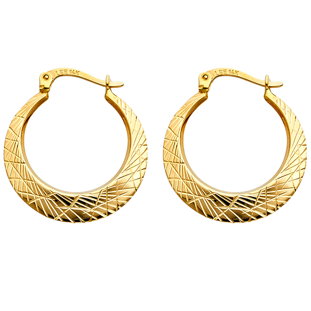 14K Yellow Gold 2.5mm Thickness Crescent Crisscross Diamond Cut  Hoop Hinged Earrings
