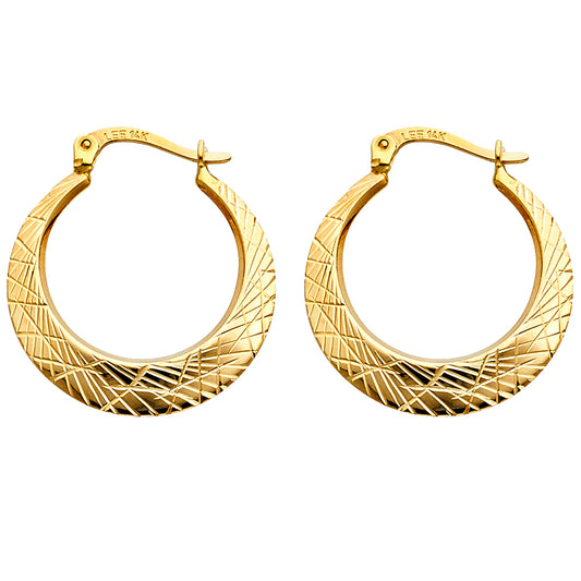 14K Yellow Gold 2.5mm Thickness Crescent Crisscross Diamond Cut  Hoop Hinged Earrings