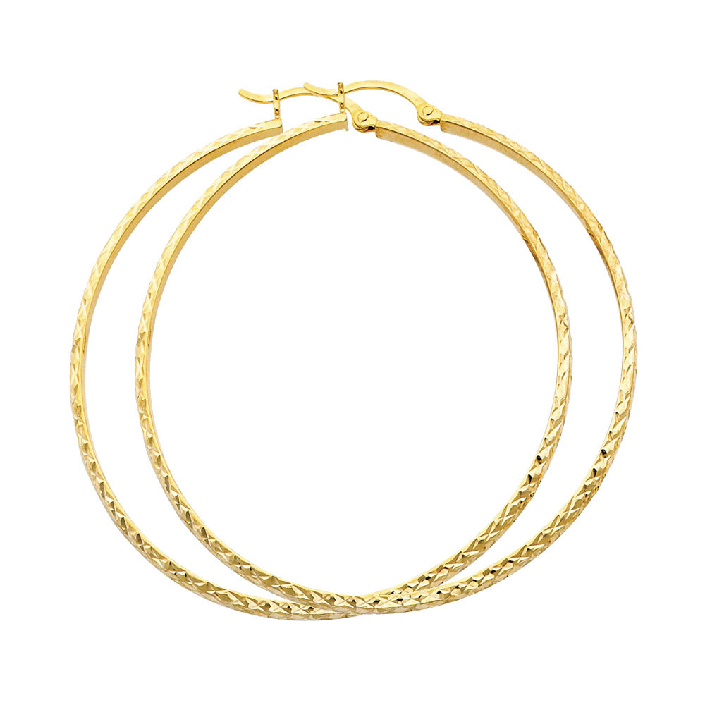 14K Gold 3mm Thickness Diamond Cut Hoop Hinged Earrings