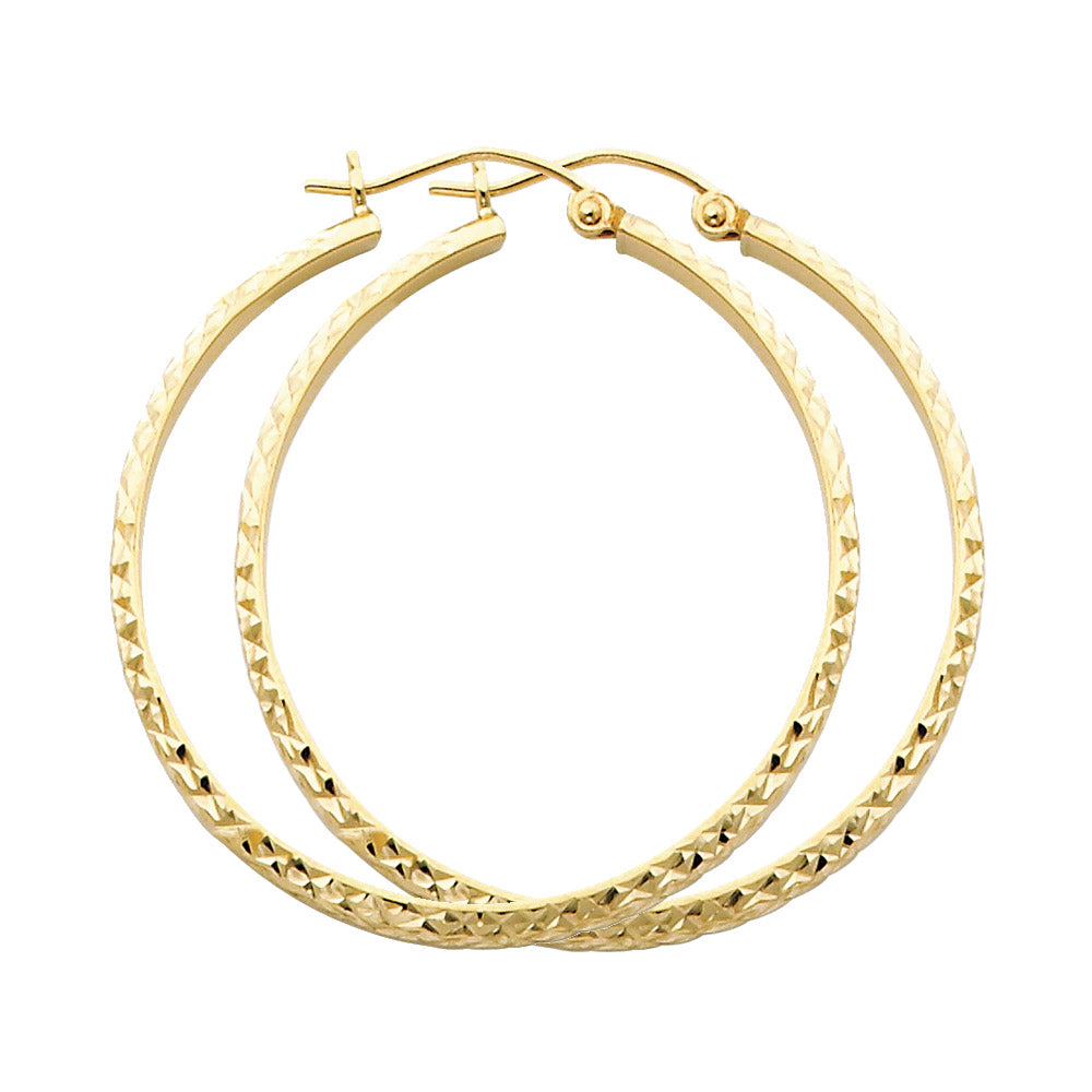 14K Gold 3mm Thickness Diamond Cut Hoop Hinged Earrings