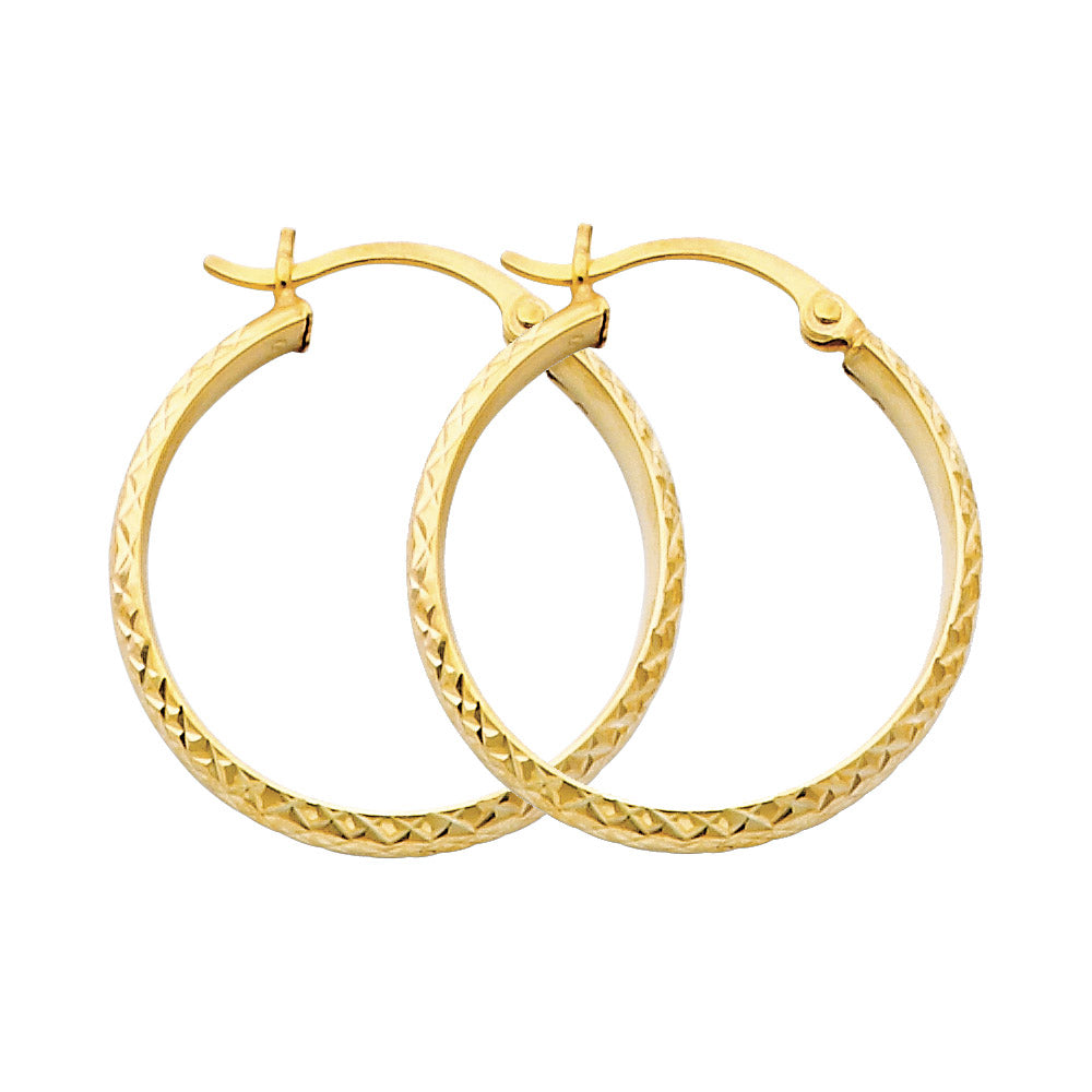 14K Gold 3mm Thickness Diamond Cut Hoop Hinged Earrings