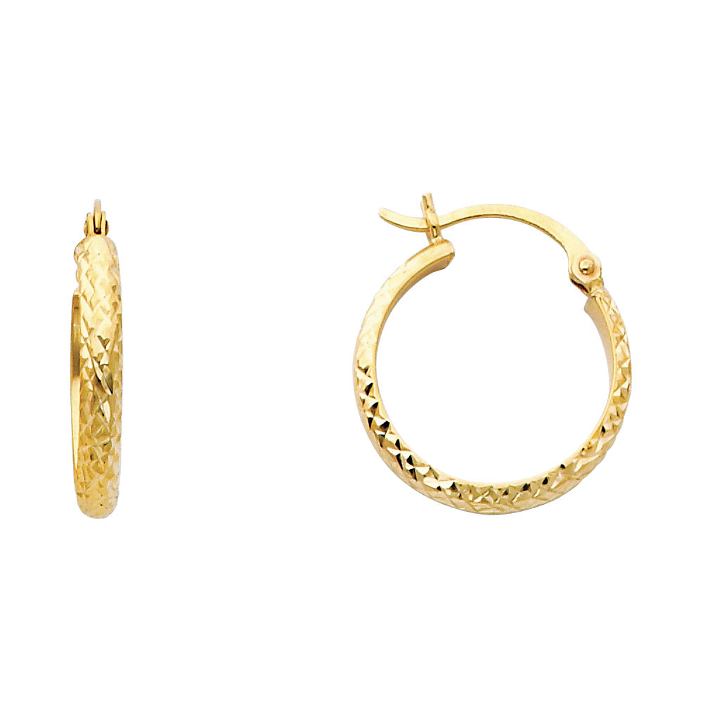 14K Gold 3mm Thickness Diamond Cut Hoop Hinged Earrings