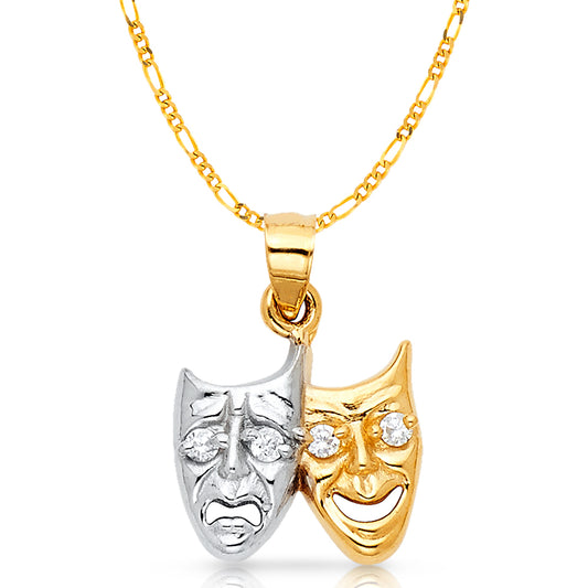 14K Two Tone Gold Two Face Happy and Sad Charm Pendant with 2mm Figaro 3+1 Chain Necklace