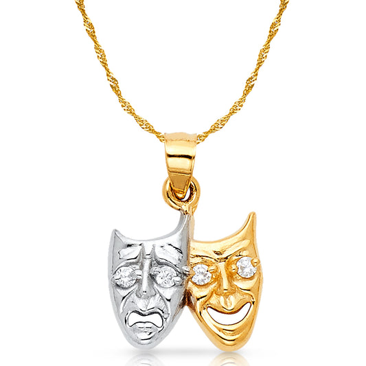 14K Two Tone Gold Two Face Happy and Sad Charm Pendant with 0.9mm Singapore Chain Necklace
