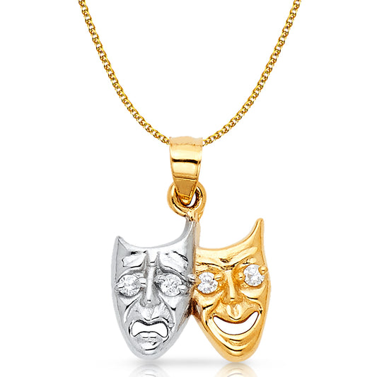 14K Two Tone Gold Two Face Happy and Sad Charm Pendant with 1.2mm Flat Open Wheat Chain Necklace