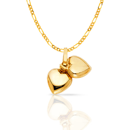 14K Yellow Gold Double Plain Heart Charm Pendant with 1.6mm Figaro 3+1 Chain Necklace