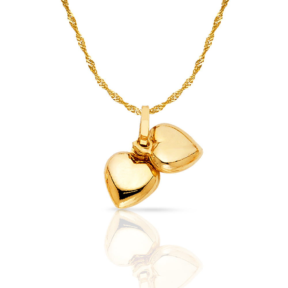 14K Yellow Gold Double Plain Heart Charm Pendant with 0.9mm Singapore Chain Necklace