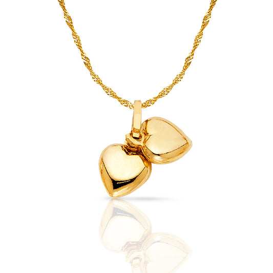 14K Yellow Gold Double Plain Heart Charm Pendant with 0.9mm Singapore Chain Necklace