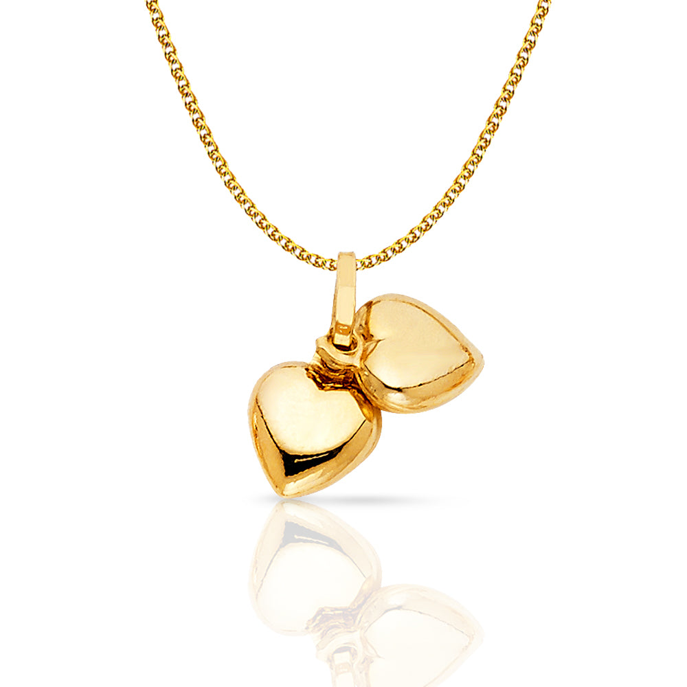 14K Yellow Gold Double Plain Heart Charm Pendant with 1.2mm Flat Open Wheat Chain Necklace
