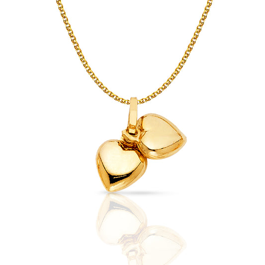 14K Yellow Gold Double Plain Heart Charm Pendant with 1.2mm Flat Open Wheat Chain Necklace