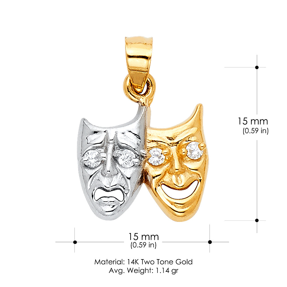 14K Two Tone Gold Two Face Happy and Sad Charm Pendant with 1.2mm Flat Open Wheat Chain Necklace