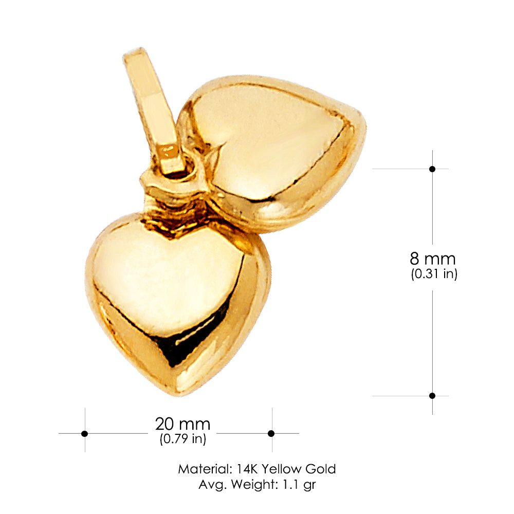 14K Yellow Gold Double Plain Heart Charm Pendant with 1.2mm Flat Open Wheat Chain Necklace