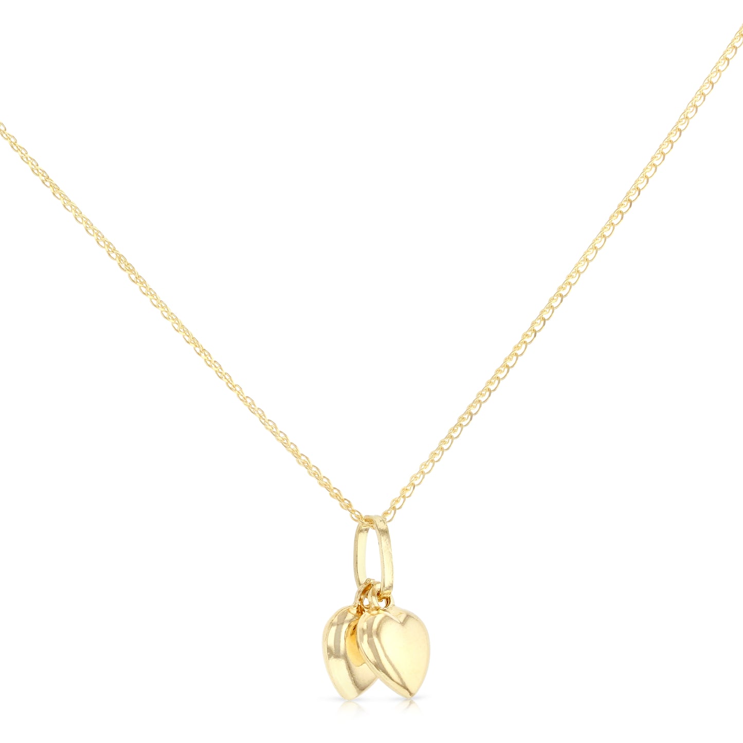 14K Yellow Gold Double Plain Heart Charm Pendant with 1.2mm Flat Open Wheat Chain Necklace
