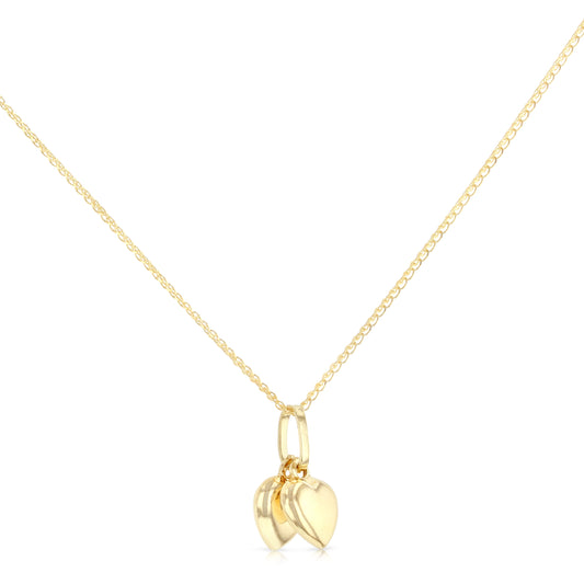 14K Yellow Gold Double Plain Heart Charm Pendant with 1.2mm Flat Open Wheat Chain Necklace
