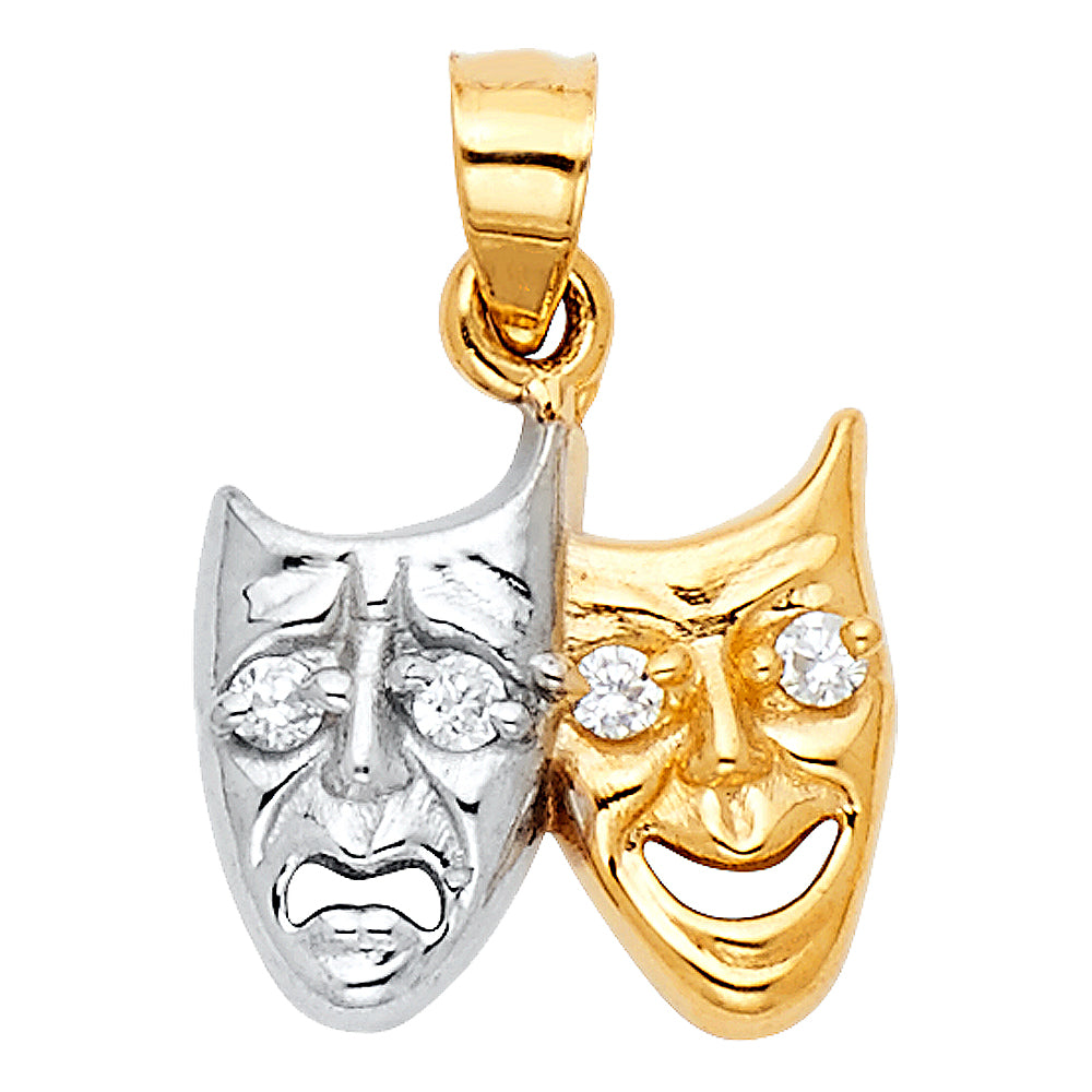 14K Two Tone Gold Two Face Happy and Sad Charm Pendant with 1.2mm Flat Open Wheat Chain Necklace