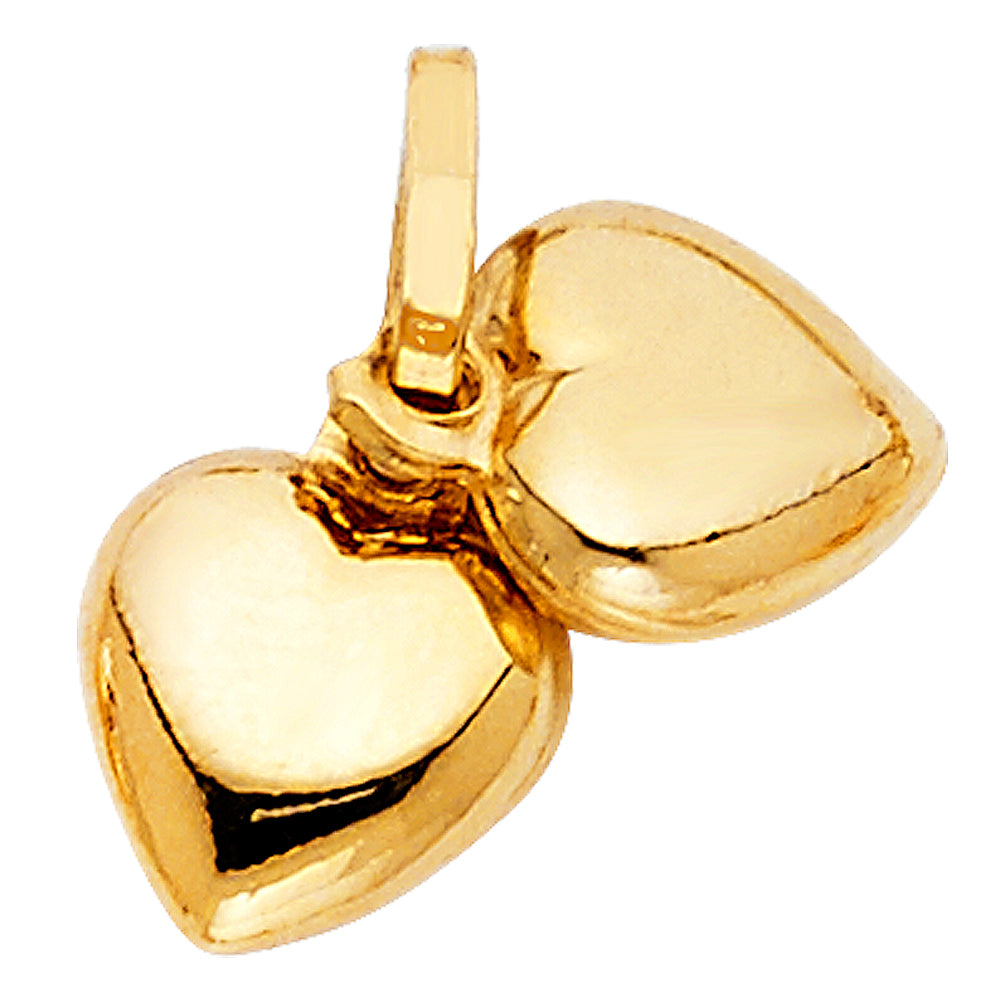14K Yellow Gold Double Plain Heart Charm Pendant with 1.2mm Flat Open Wheat Chain Necklace