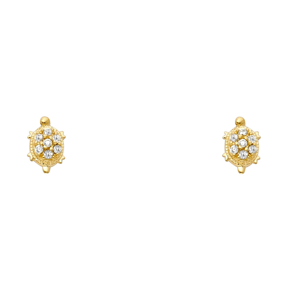 14K Yellow Gold OR White Gold CZ Turtle Lucky Charm Stud Screw Back Earrings