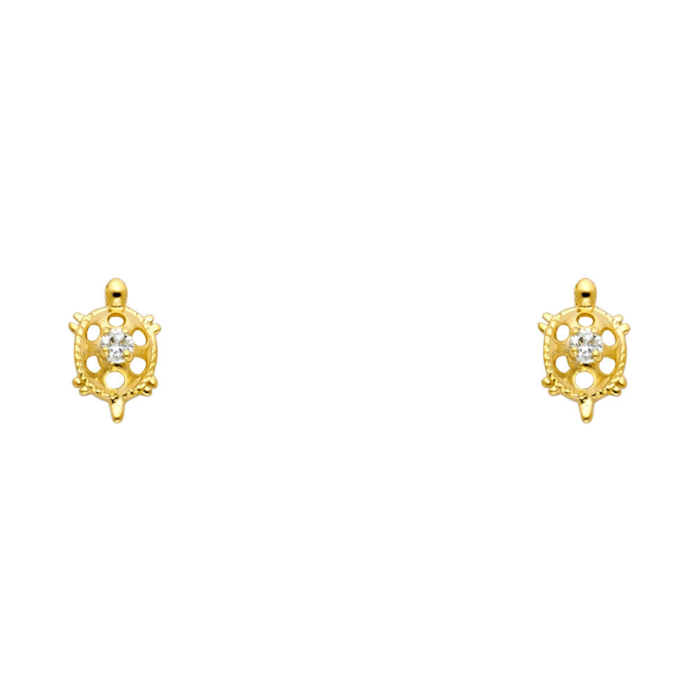 14K Yellow Gold CZ Turtle Lucky Charm Stud Screw Back Earrings