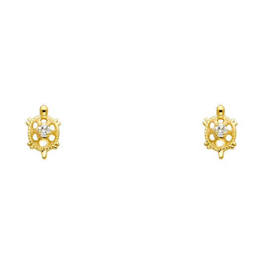 14K Yellow Gold CZ Turtle Lucky Charm Stud Screw Back Earrings