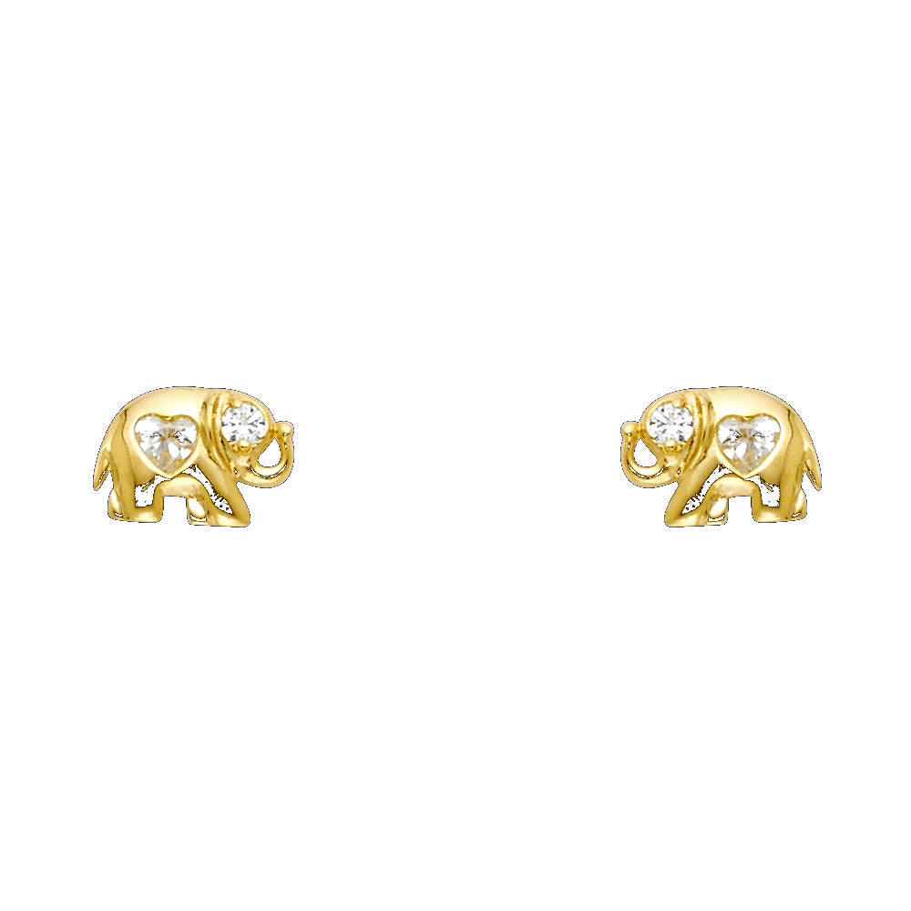 14K Yellow Gold Heart Cut CZ Elephant Stud Screw Back Earrings
