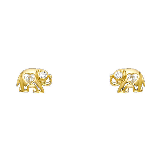 14K Yellow Gold Heart Cut CZ Elephant Stud Screw Back Earrings