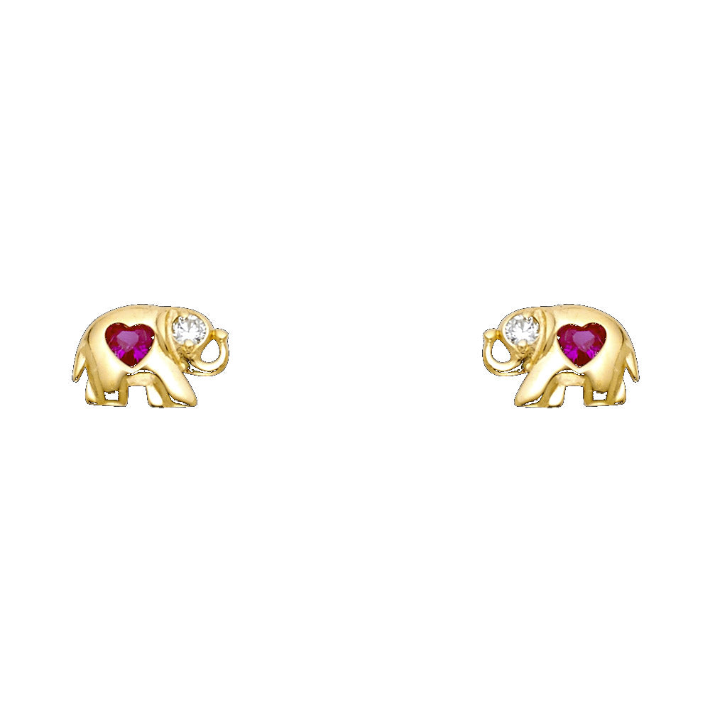 14K Yellow Gold Heart Cut CZ Elephant Stud Screw Back Earrings