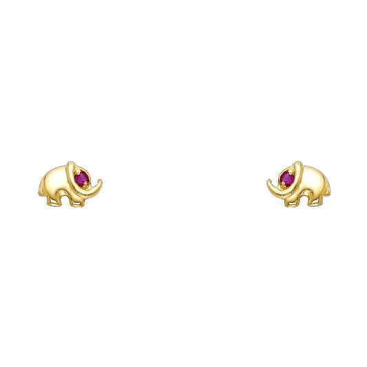 14K Yellow Gold Red CZ Elephant Stud Screw Back Earrings