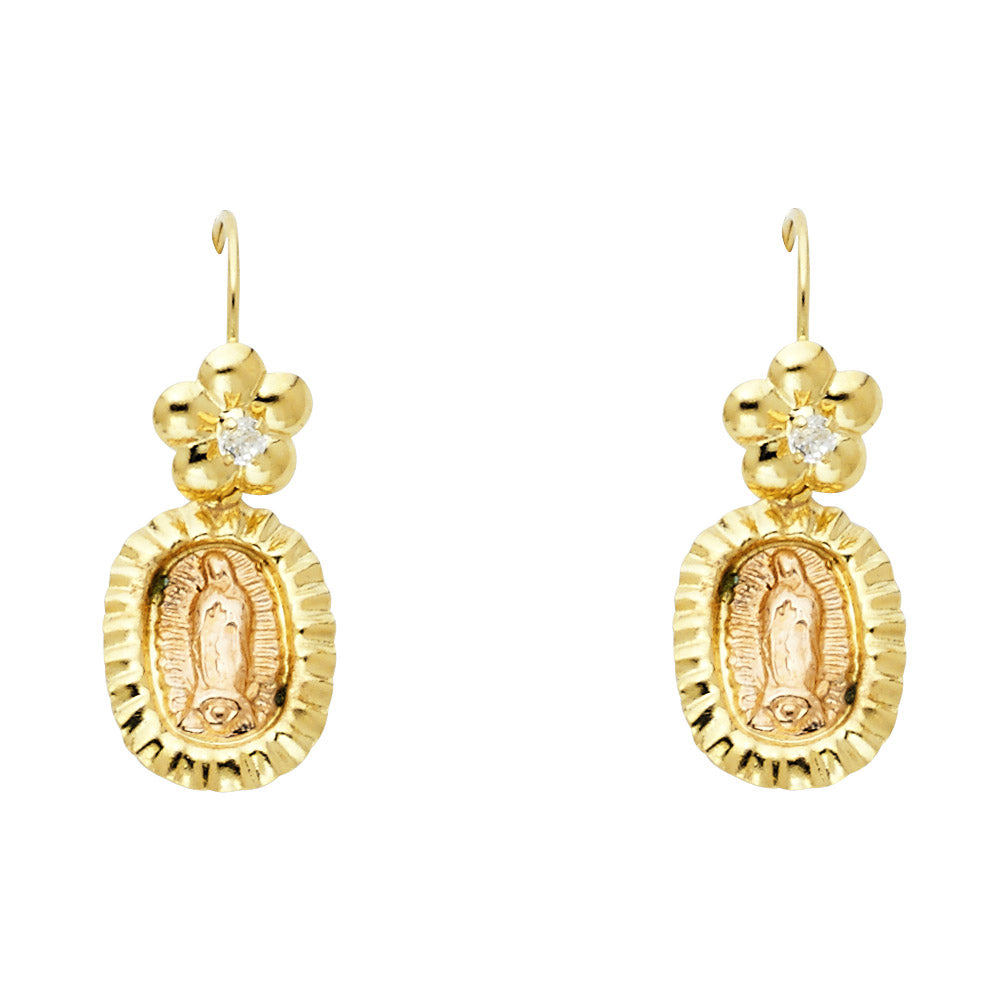 14K Two Tone Gold Religious Guadalupe and Flower Hanging Earrings