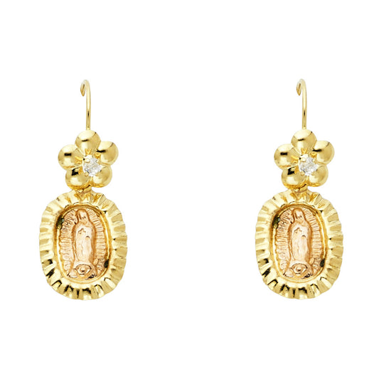 14K Two Tone Gold Religious Guadalupe and Flower Hanging Earrings