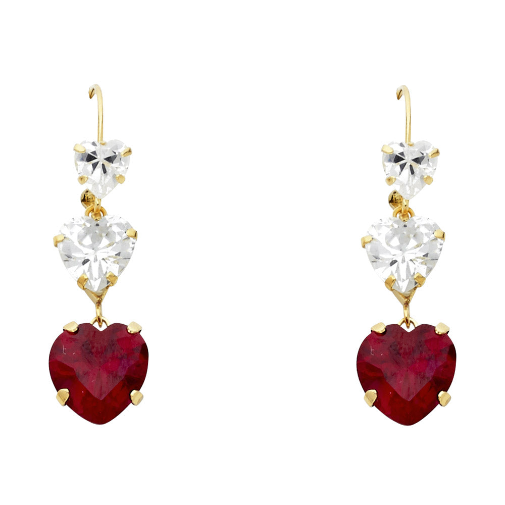 14K Yellow Gold Red CZ Heart Cut Hanging Earrings