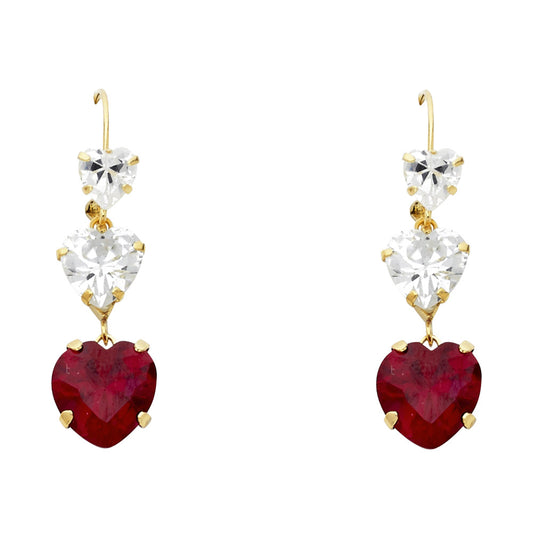 14K Yellow Gold Red CZ Heart Cut Hanging Earrings