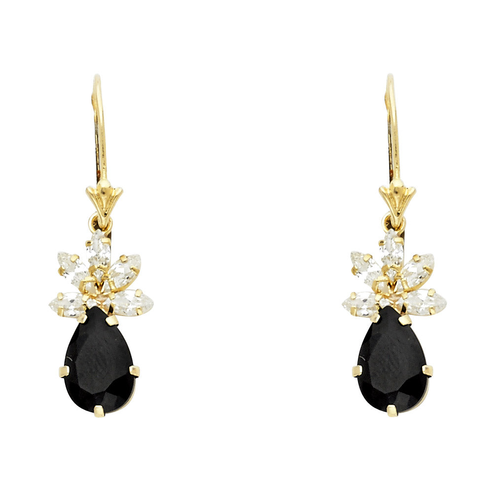 14K Yellow Gold White & Black CZ Flower Hanging Earrings