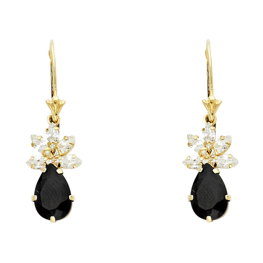 14K Yellow Gold White & Black CZ Flower Hanging Earrings