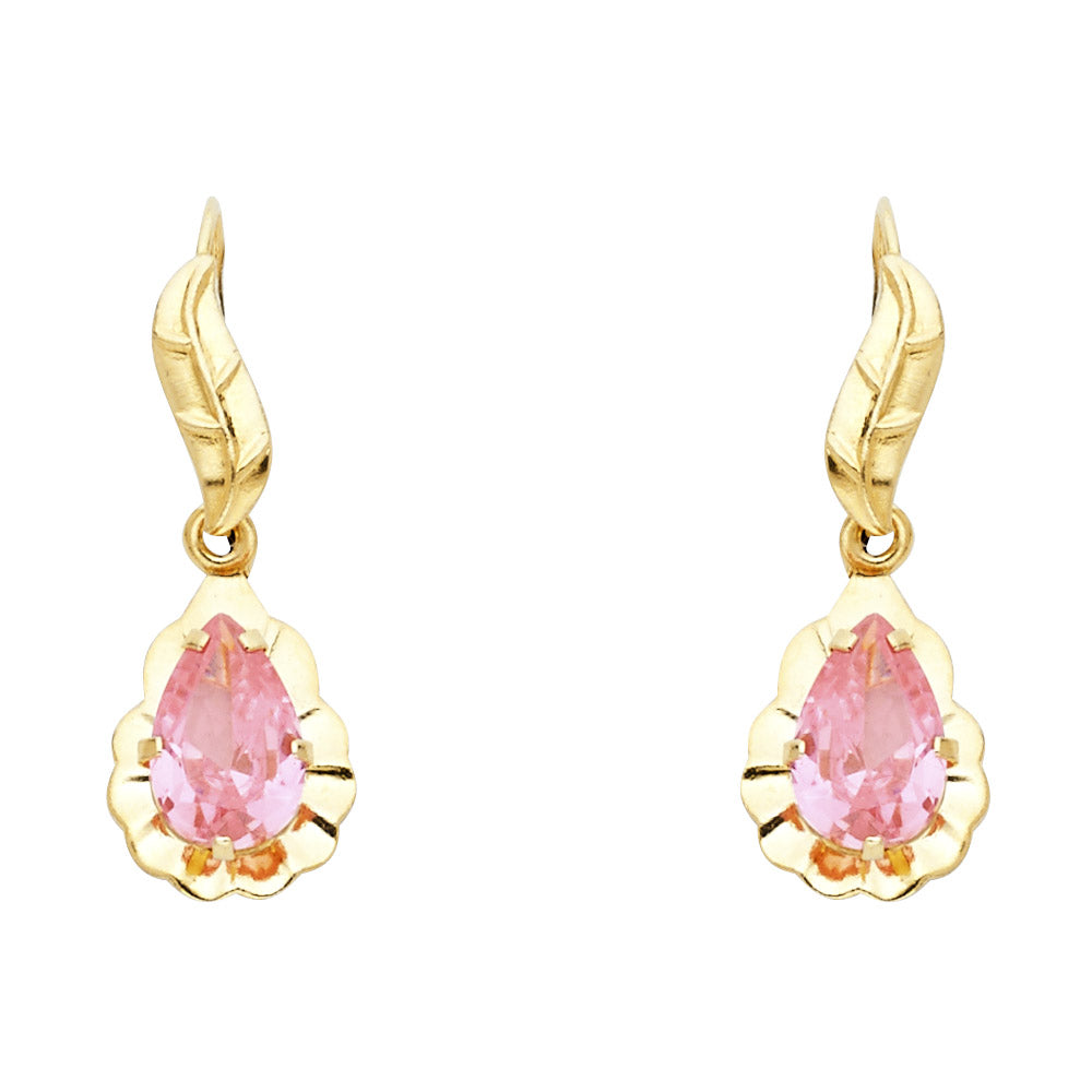 14K Yellow Gold Pink CZ Leaf Pear Drop Hanging Earrings